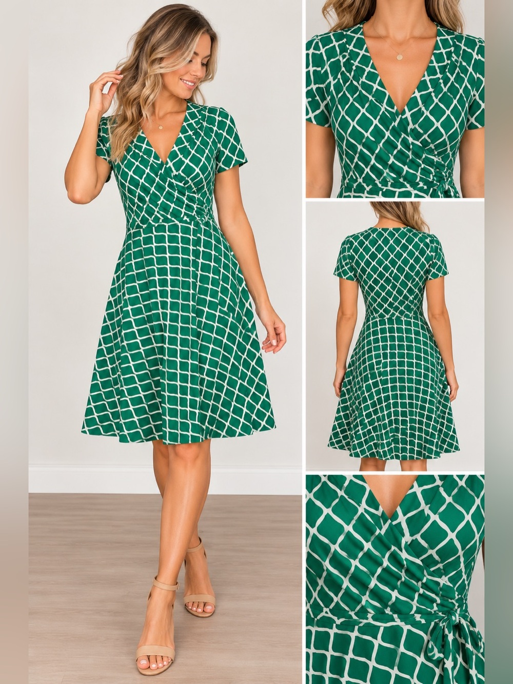 Boden Green & White Geometric Fit & Flare Dress Size 6R